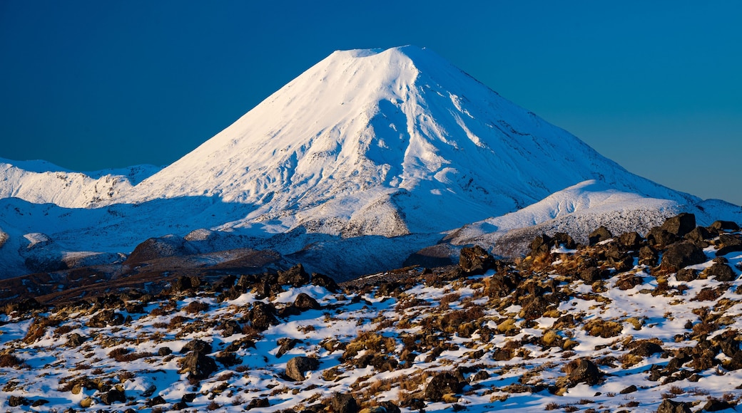 A snow-covered mountain with a clear sky.