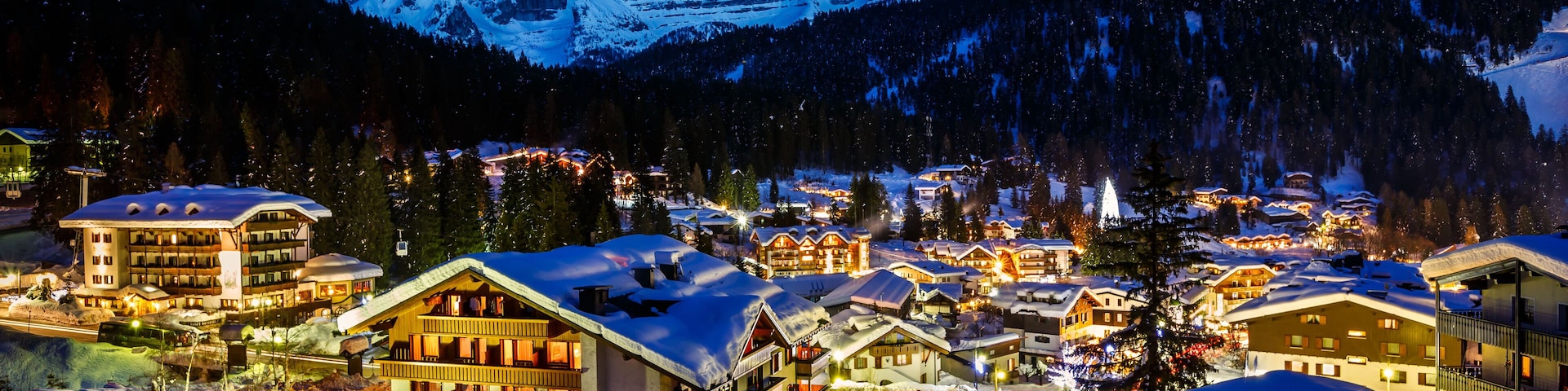 Illuminated Ski Resort of Madonna di Campiglio in the Morning, Italian Alps, Italy
