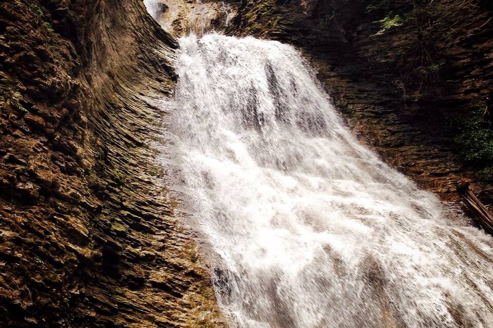 Une cascade dévalant une pente rocheuse, entourée d’une forêt dense.