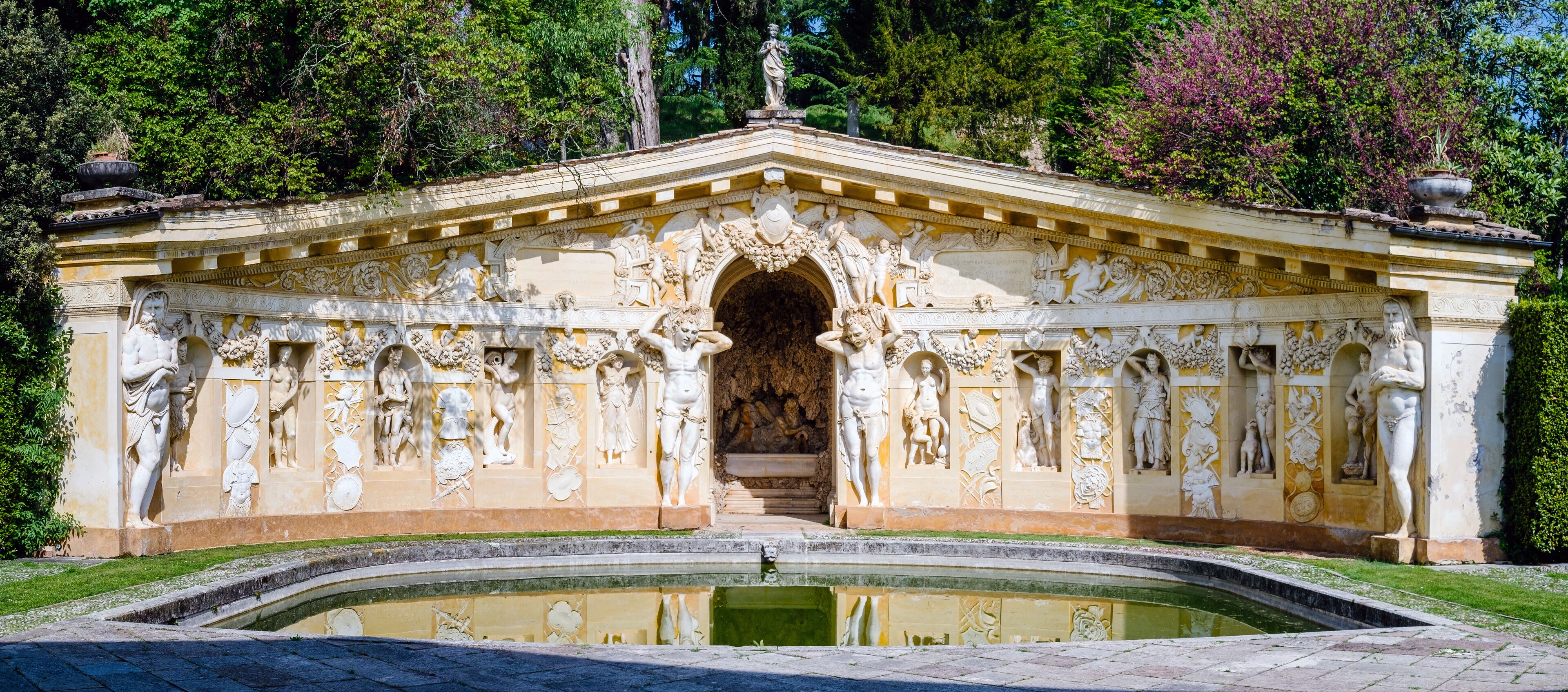 Maser Treviso, Italy - May 6, 2023: The nymphaeum with the fishpond of villa Barbaro