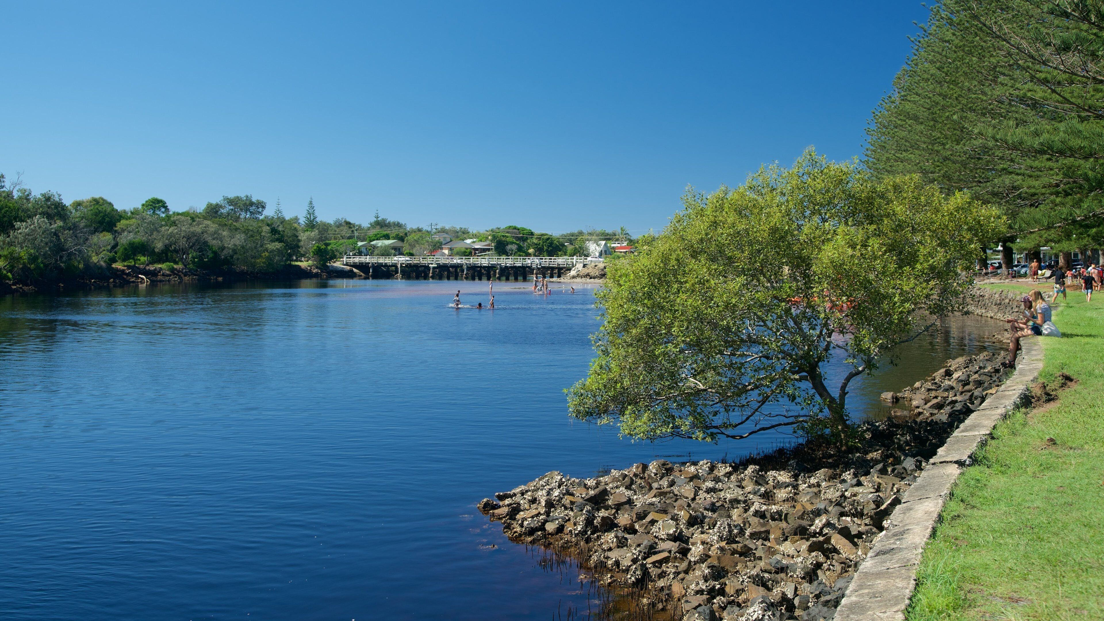 Byron Bay toont een rivier of beek en een park