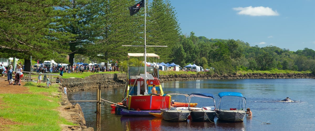 A lakeside scene with boats, a flag, and a crowd of people.