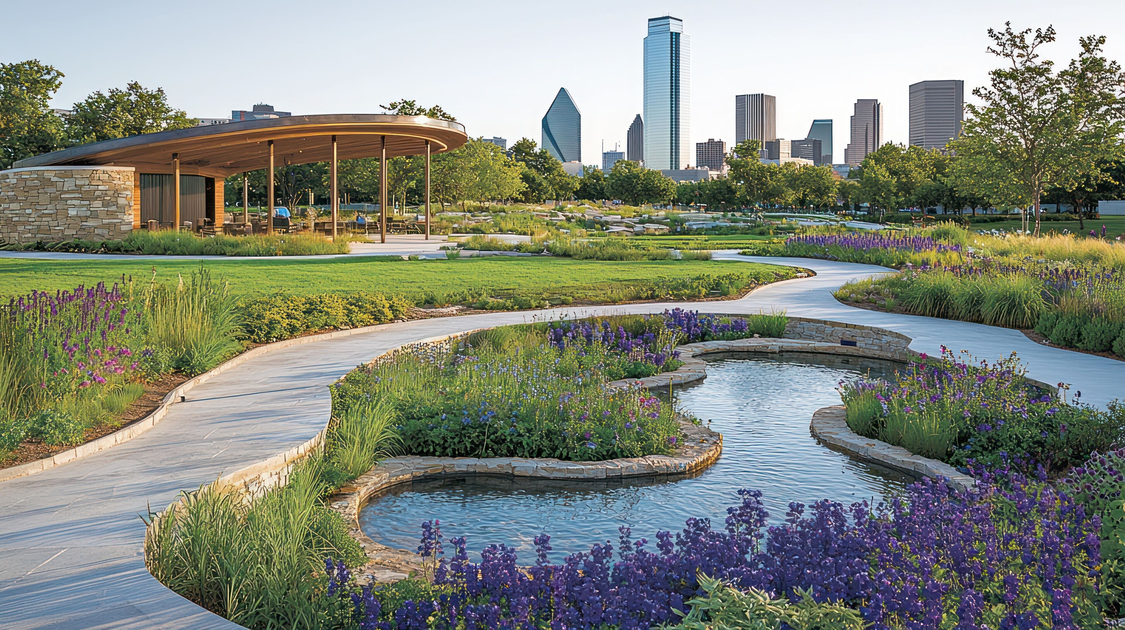 Serene Dallas Skyline Vista: Klyde Warren Park's Tranquil Waterscape