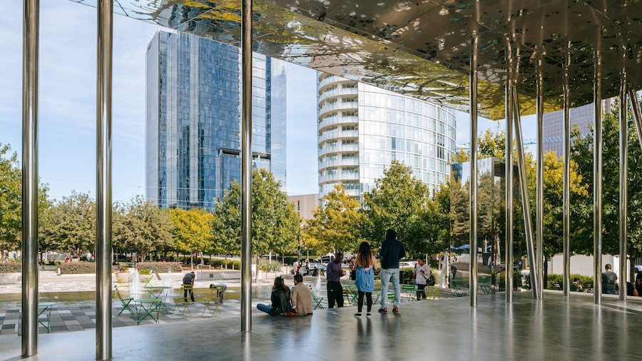 Klyde Warren Park featuring street scenes and a city