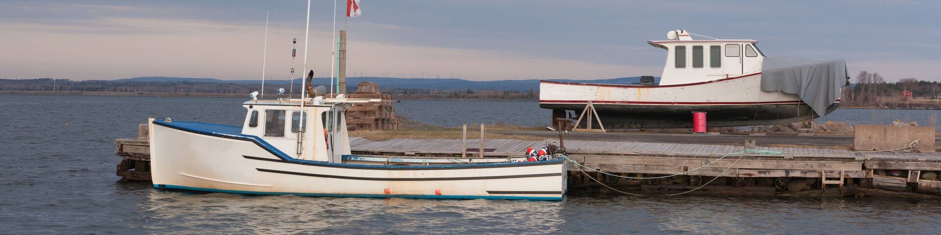 Fishing boats on a cloudy day at Pictou, Nova Scotia.