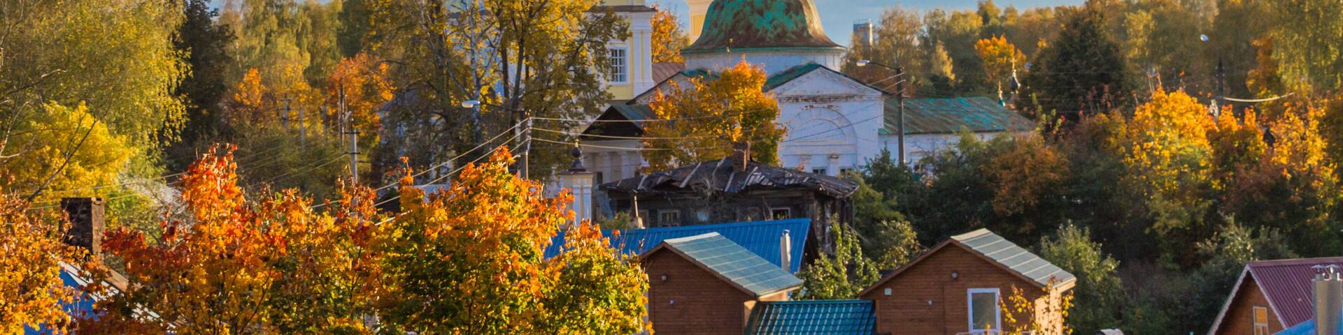 View on Troickaya church from the hill in Plyos, Russia