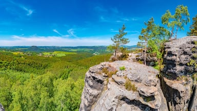 Panoramic over sandstone rocks Gohrisch Stein, Koenigstein and Lilienstein viewed from Papststein and top bird view at the hiking trail in the national park Saxon Switzerland, Bad Schandau, Germany.
