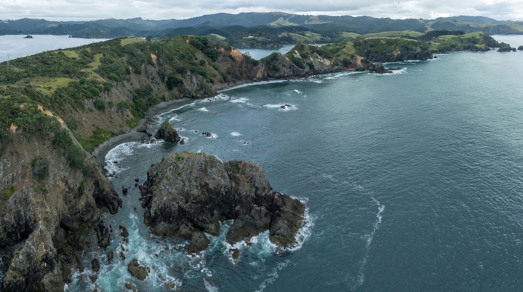 A coastal landscape with rocky cliffs, a bay, and distant mountains.