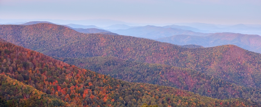 Scenic view of the Blue Ridge and distant Allegheny mountains from the Blue Ridge Parkway south of Lexington, Virginia