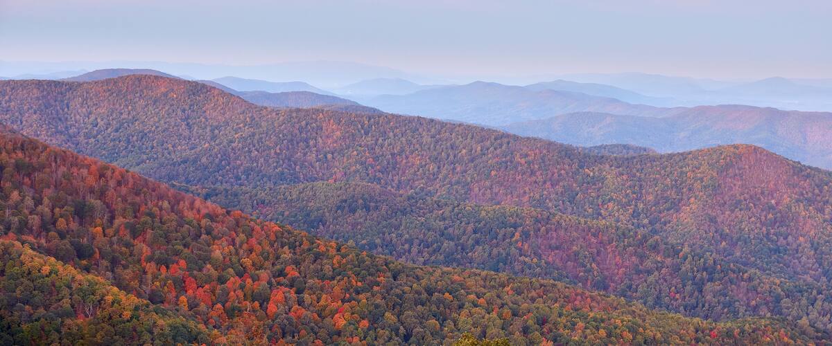 Scenic view of the Blue Ridge and distant Allegheny mountains from the Blue Ridge Parkway south of Lexington, Virginia