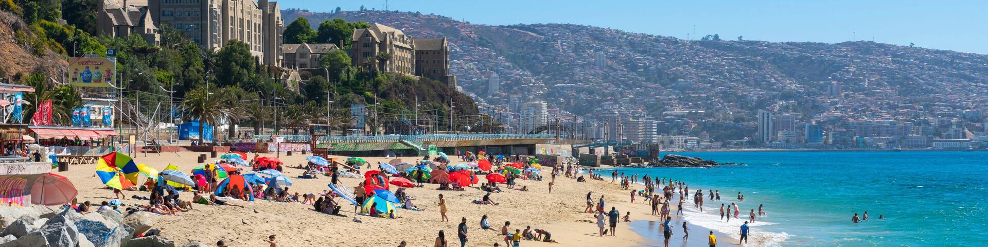 Caleta Portales beach and Federico Santa Maria Technical University in background, Valparaiso, Valparaiso Province, Valparaiso Region, Chile