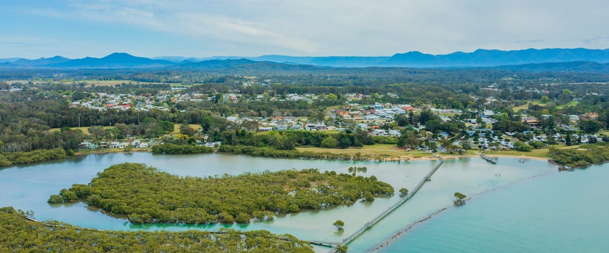 An aerial view of a coastal area with a large body of water, a bridge, and a dense forest.