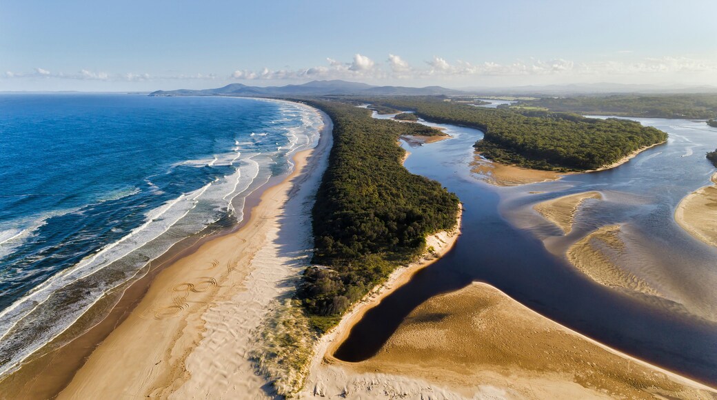 Un paysage cÎtier comprenant une plage de sable, une riviÚre et une zone boisée.