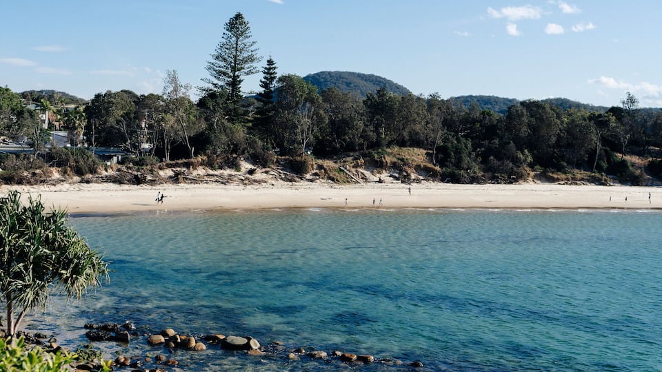 A beach with clear blue water, sandy shore, and a forested hill in the background.
