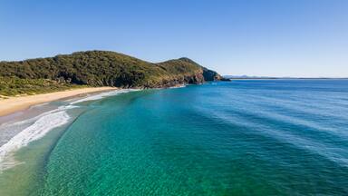 A coastal landscape with clear turquoise waters, a sandy beach, and a forested hill.