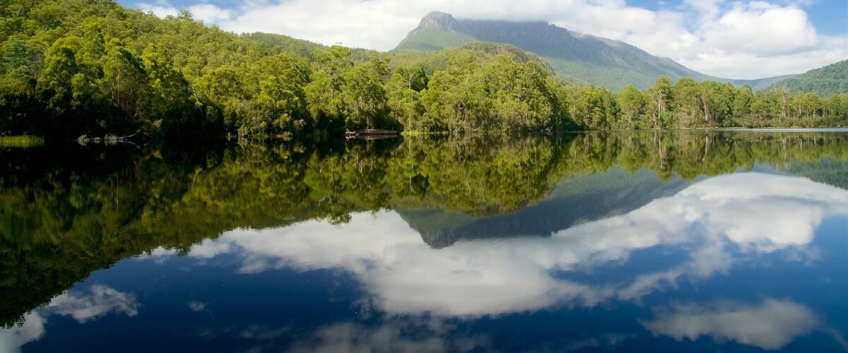 A calm lake reflecting trees and mountains under a partly cloudy sky.