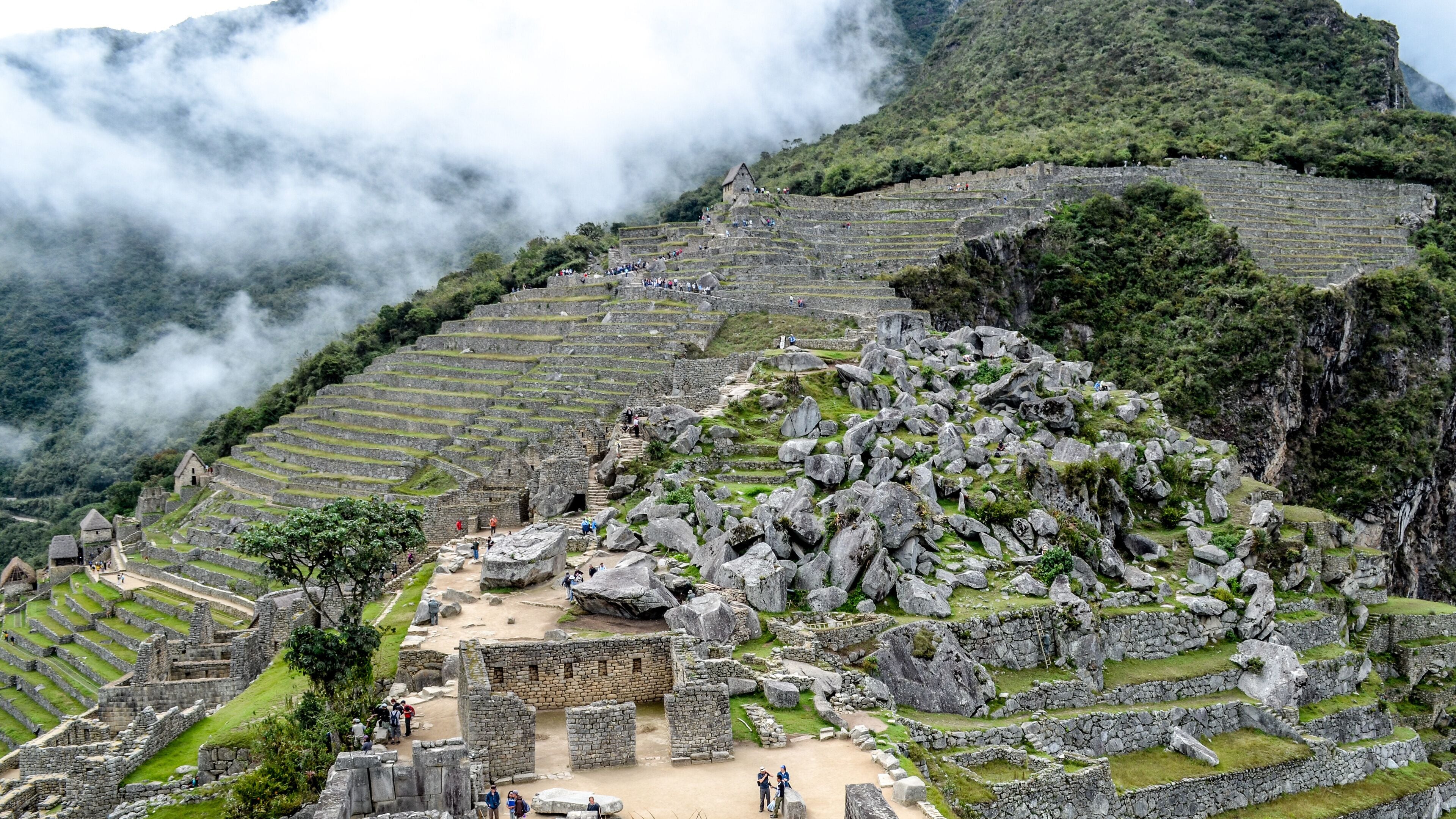 Stone built terracing and buildings at Machu Picchu, an ancient Inca archaeological site near Cusco, Peru