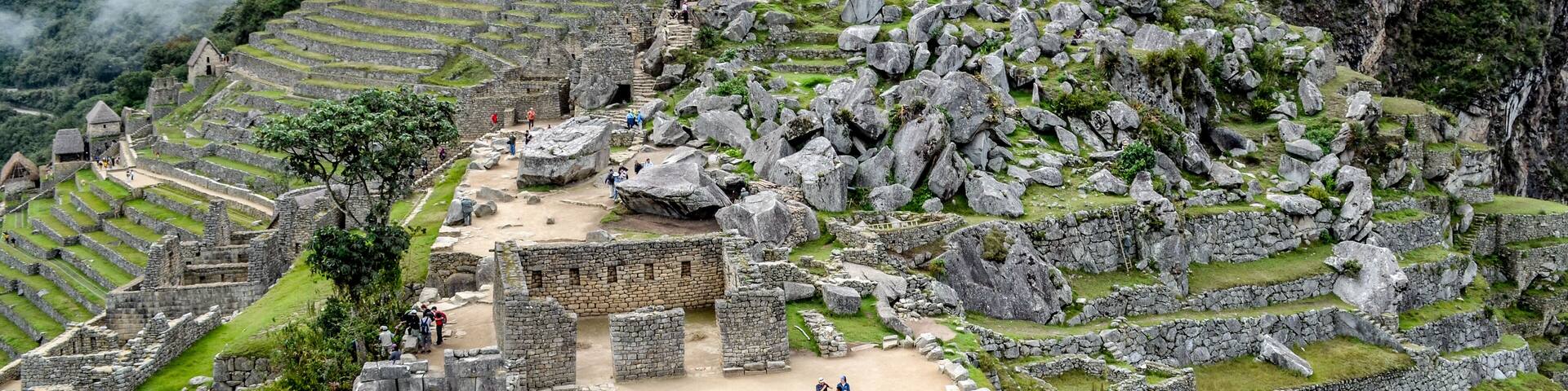 Stone built terracing and buildings at Machu Picchu, an ancient Inca archaeological site near Cusco, Peru