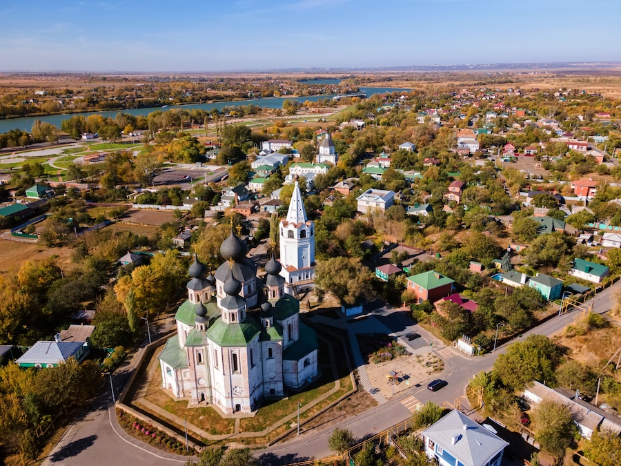 View of center of Starocherkassk city from the drone
