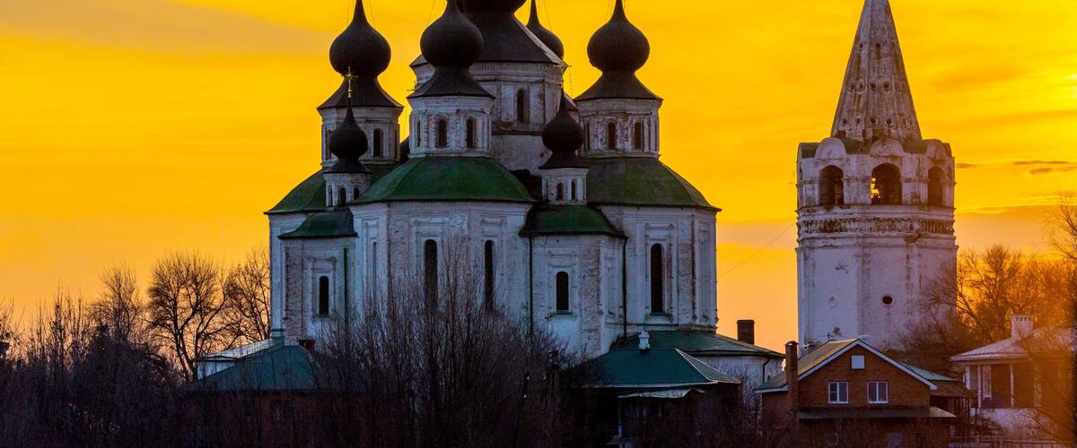 Historical Church, resurrection Cathedral in Starocherkassk. Sunset sky above the Church. Beautiful domes. 1706-1719