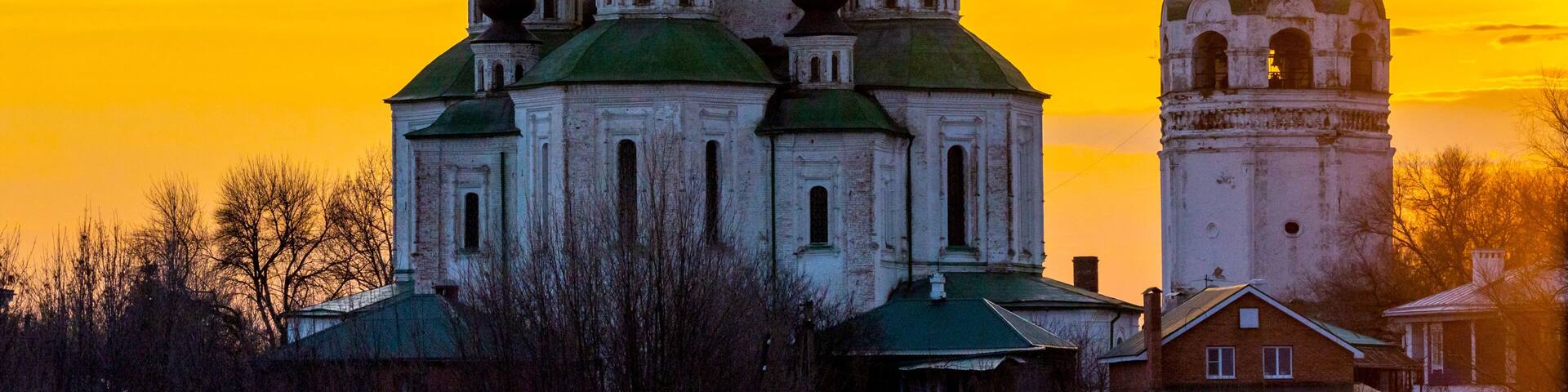 Historical Church, resurrection Cathedral in Starocherkassk. Sunset sky above the Church. Beautiful domes. 1706-1719