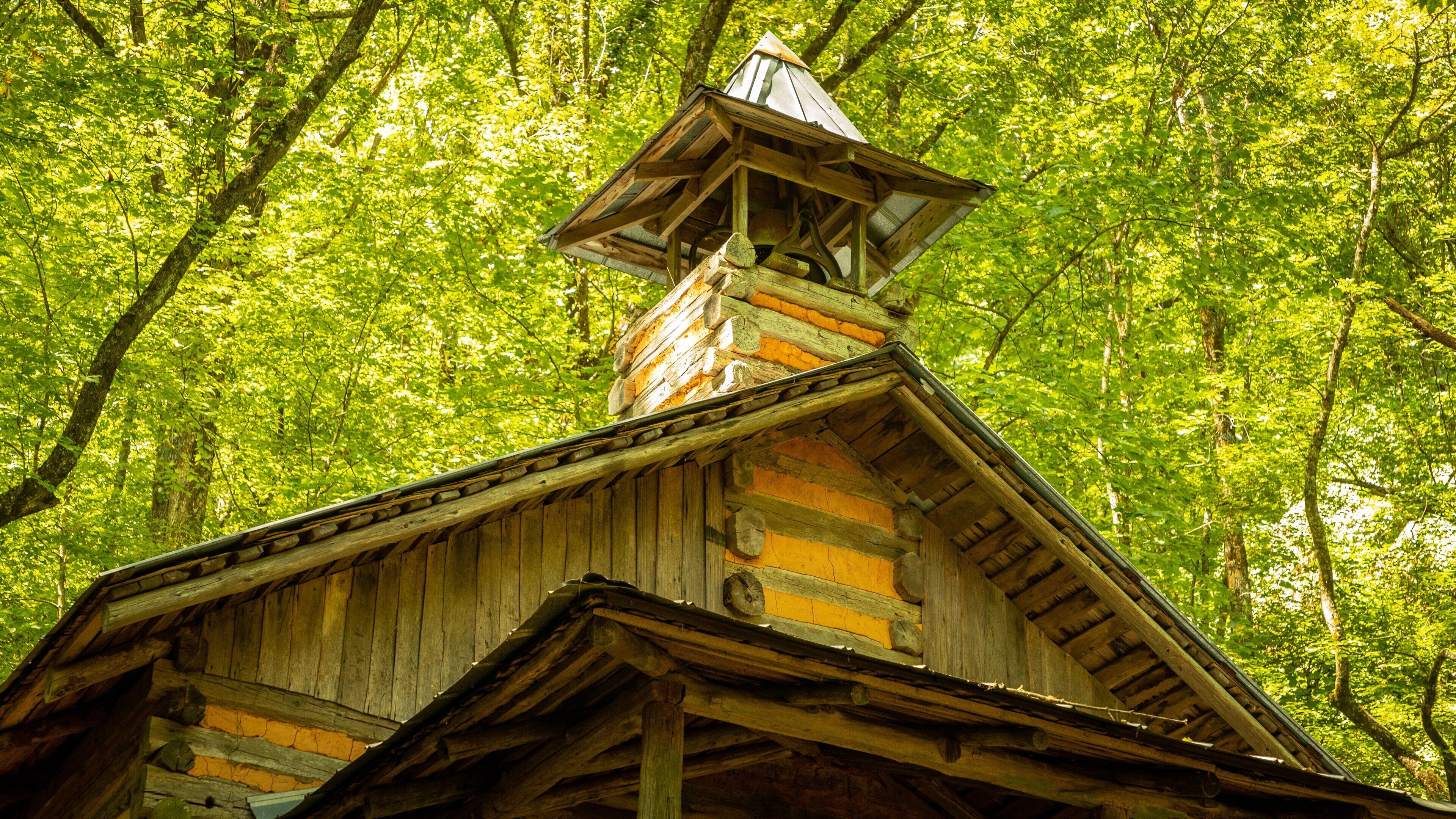A wooden cabin with a steeply pitched roof and a chimney, surrounded by dense green foliage.