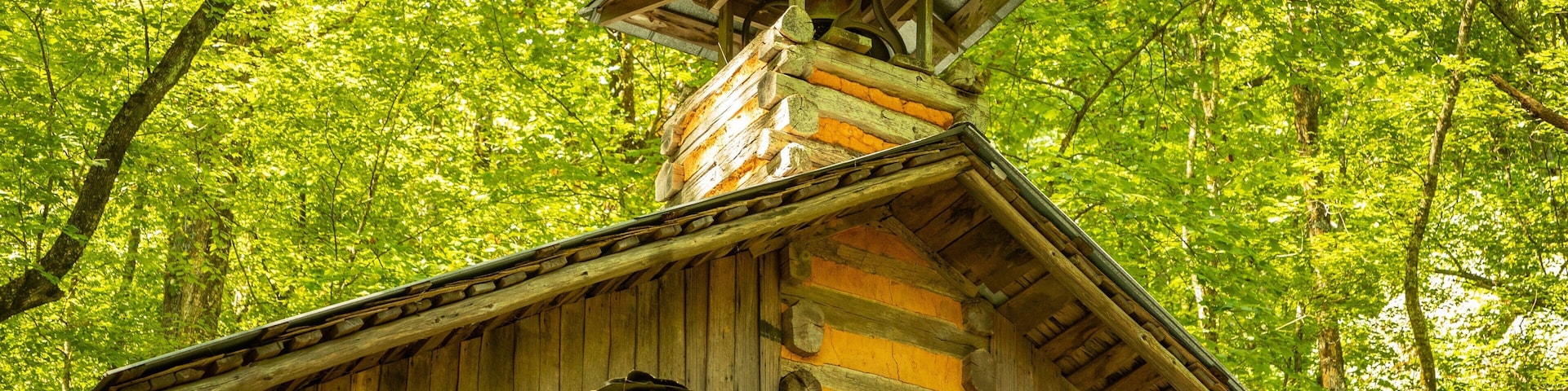 Una cabaña de madera con techo empinado y chimenea, rodeada de follaje verde denso.