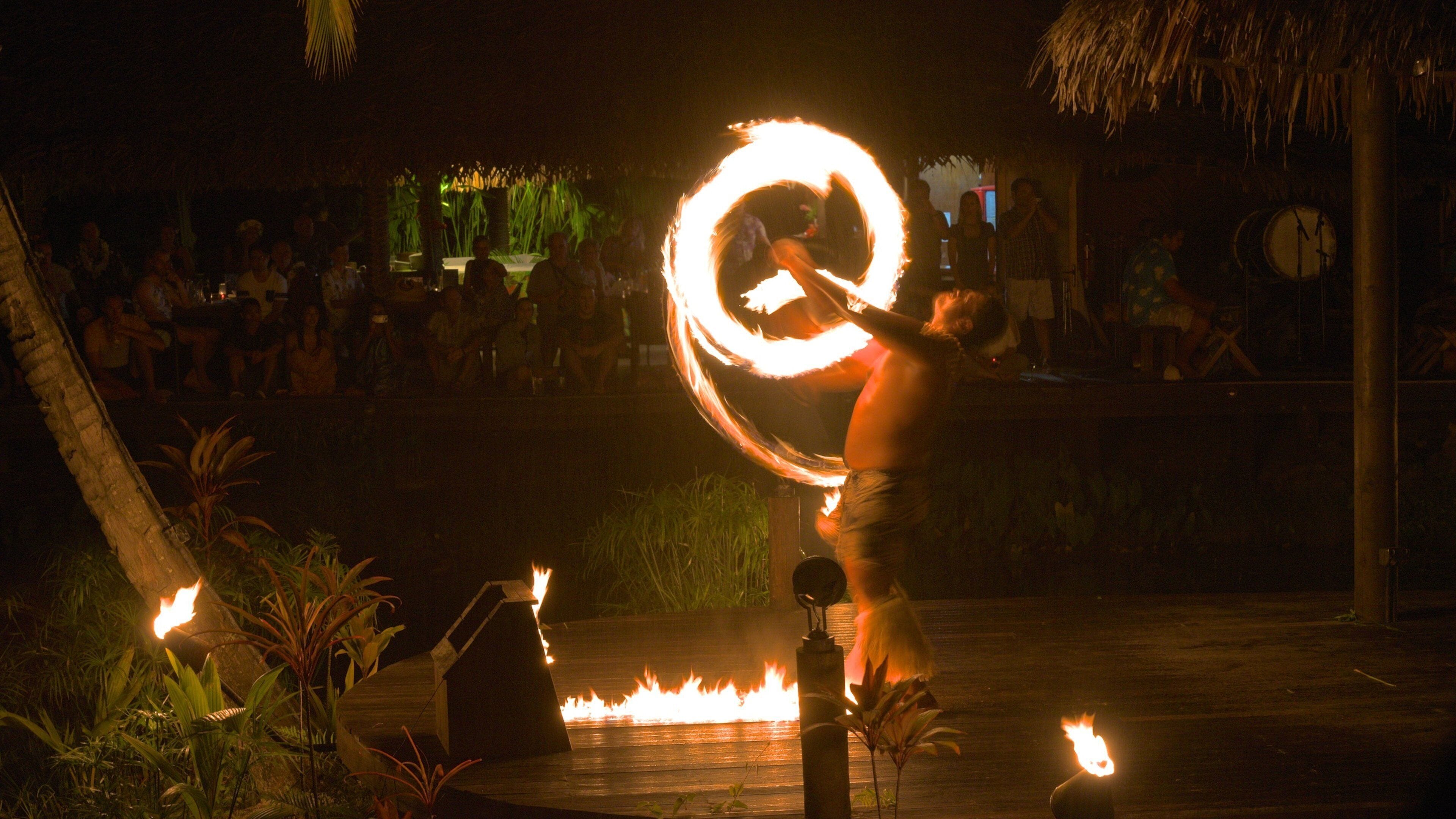 Te Vara Nui Village which includes performance art and night scenes