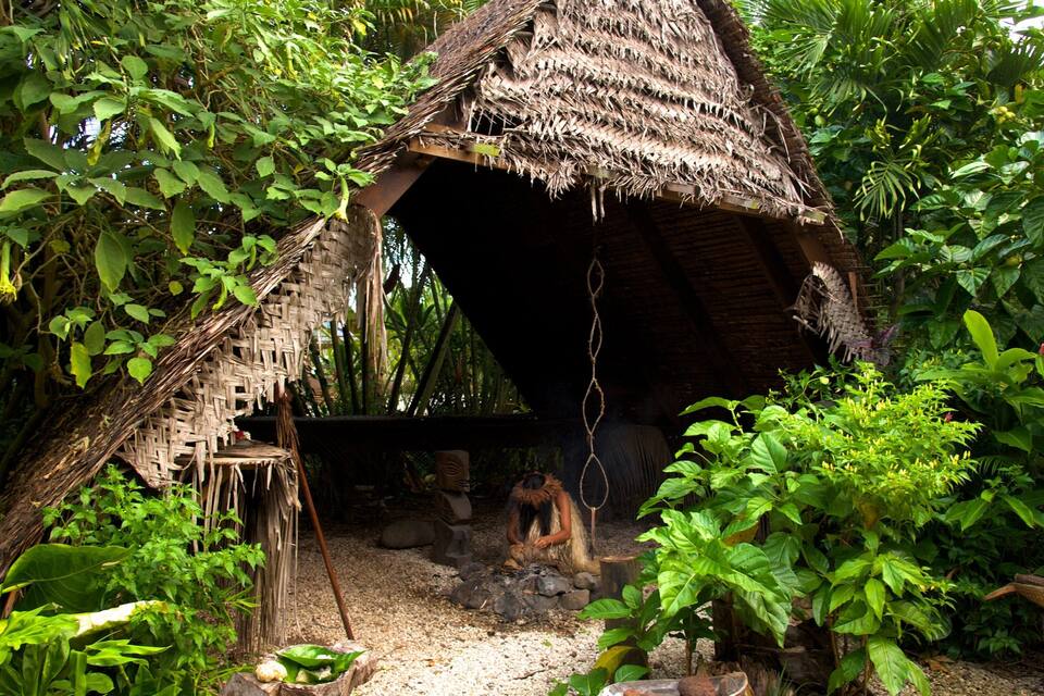 A traditional thatched-roof hut surrounded by lush greenery.
