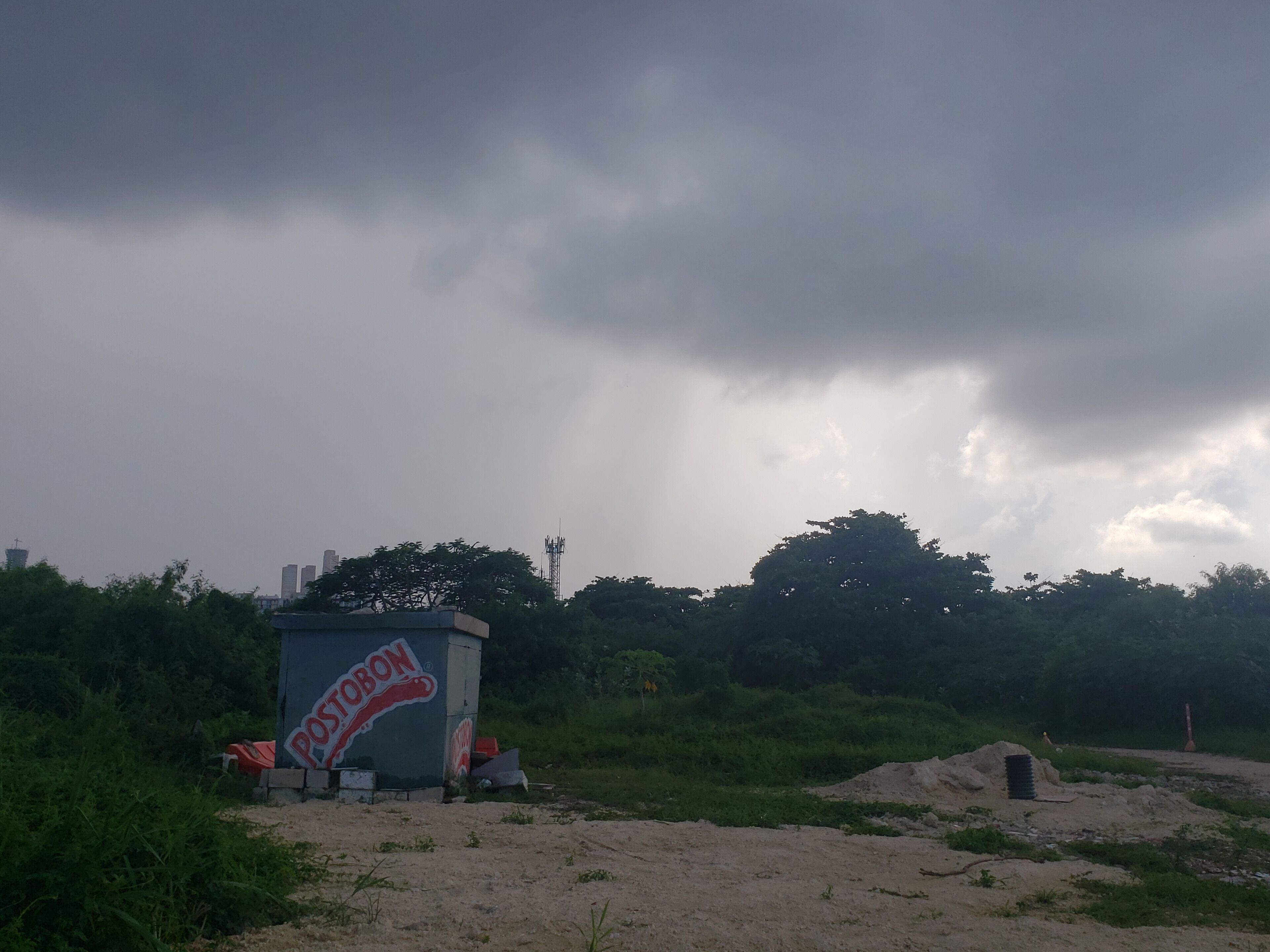 The city is behind these trees. Here a piece of land with a water view of the Magdalen river. Heavy clouds and rain decorating my view.