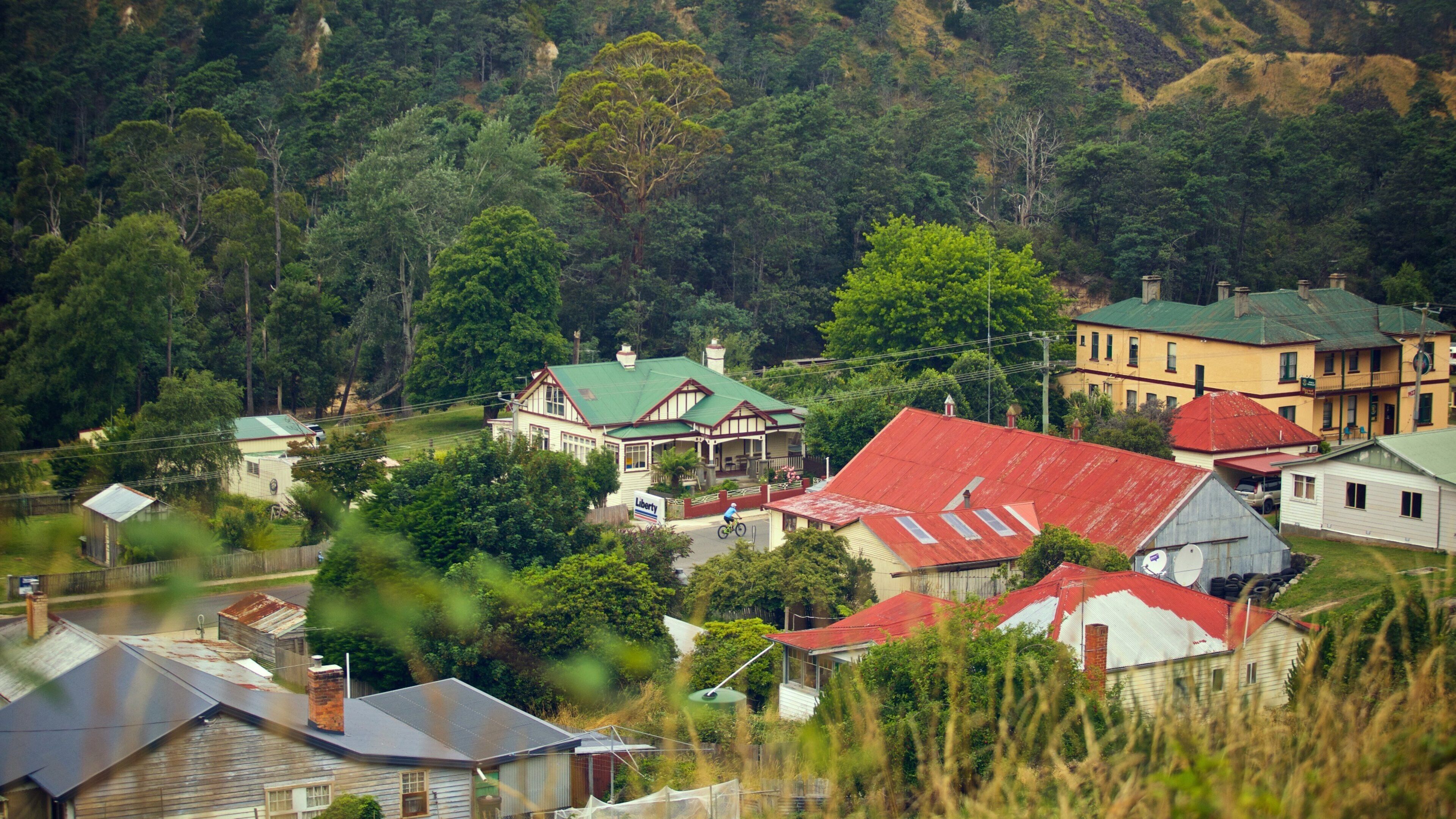 A rural village with houses, a prominent yellow building, and a green-roofed house.