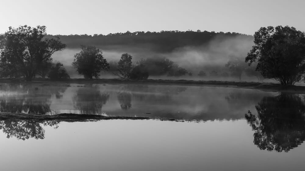 Early misty sunrise with reflecting trees in lake after heavy rain in the Chittering Valley, Western Australia