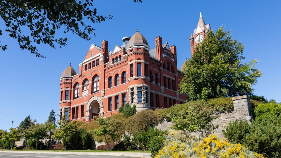 Historic Jefferson County Courthouse and Clock Tower Victorian style old historical building in Port Townsend, Olympic Peninsula, Washington State