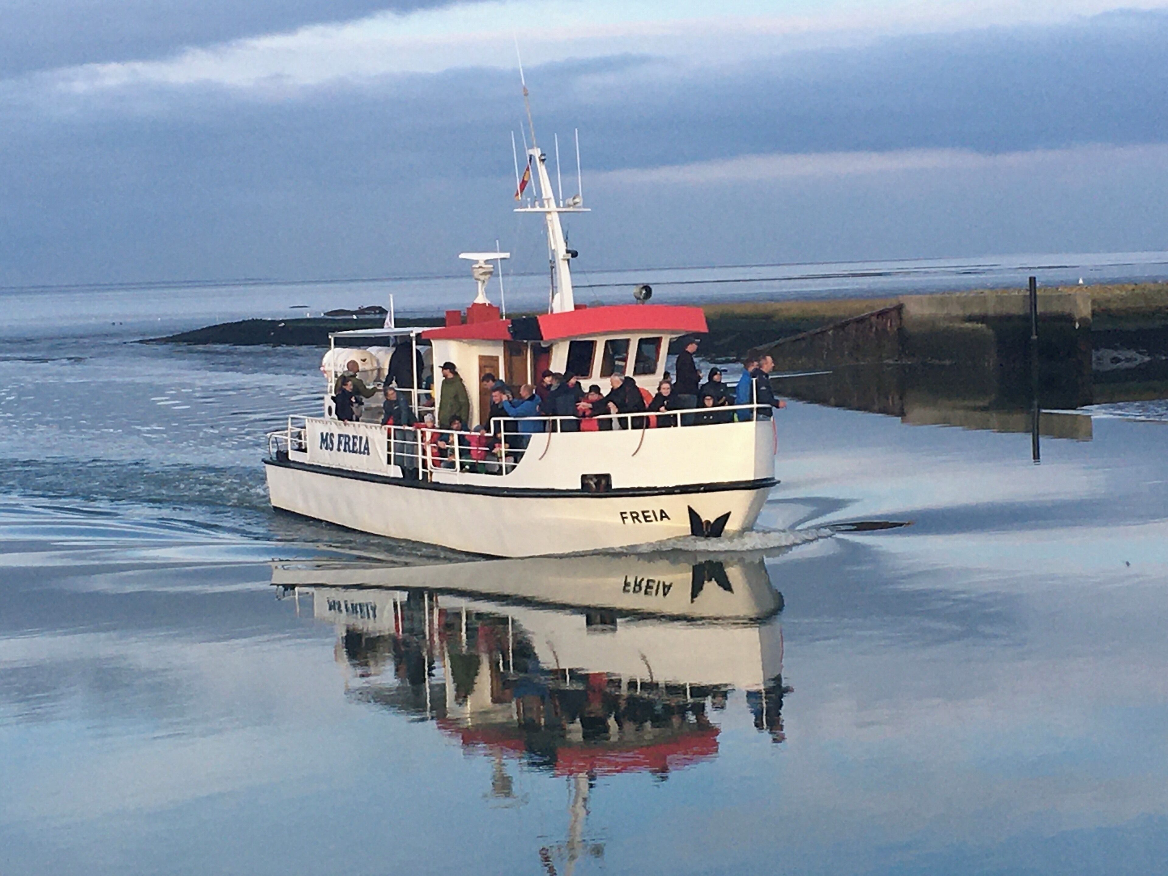 A boat named MS FREIA on calm water with a reflection visible.