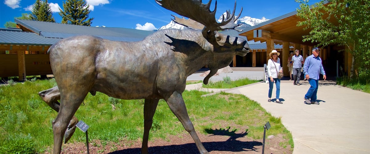 Centro de visitantes del lago Jenny mostrando arte al aire libre y también un pequeño grupo de personas