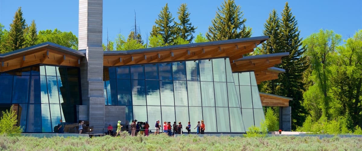 A modern building with large glass windows and a wooden roof, surrounded by trees.