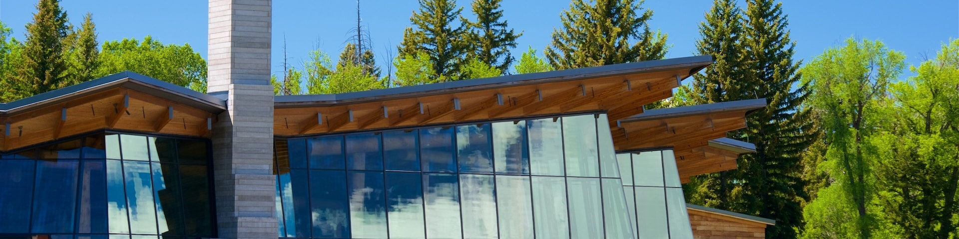 A modern building with large glass windows and a wooden roof, surrounded by trees.