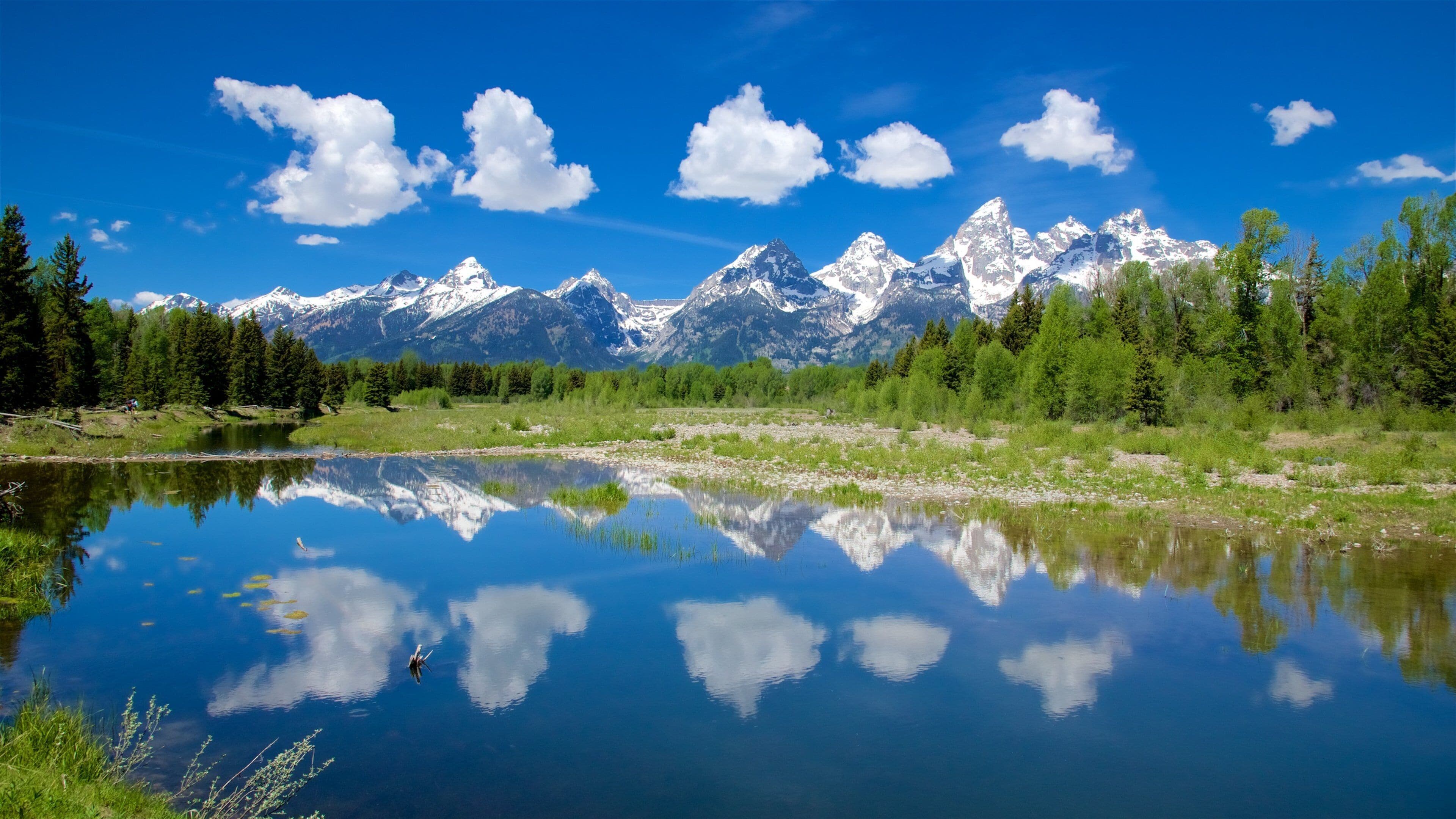 Schwabacher\'s Landing which includes tranquil scenes, a river or creek and mountains