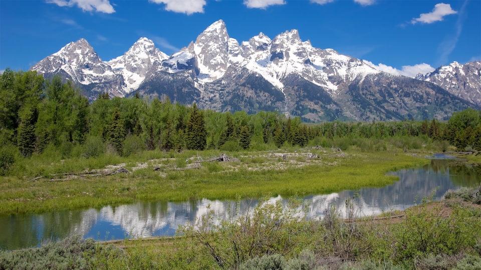 A mountain range with snow-capped peaks, a river reflecting the scenery, and a forested area in the foreground.