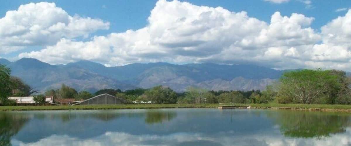 A calm lake with a clear reflection of the sky and clouds, surrounded by mountains and greenery.