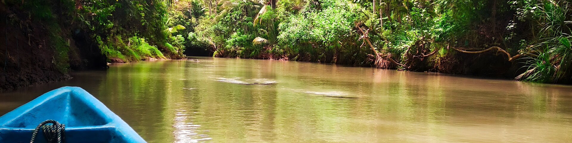 Tranquil Tropical River View with Blue Boat Amid Lush Greenery at Maron River in Pacitan, East Java, Indonesia