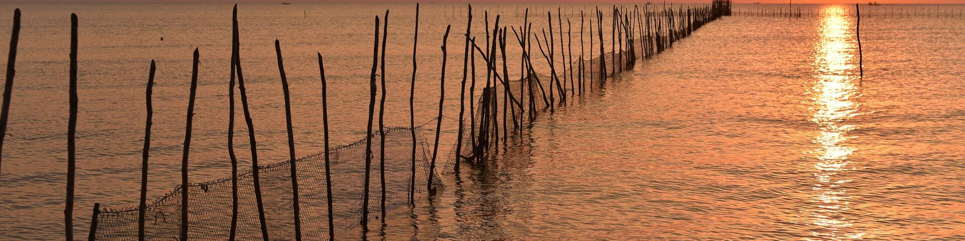 Seaweed farms and sticks on the sea at the east side of Belitung Island druing sunset, Indonesia