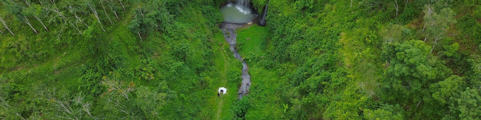 Drone view of Curug Gong Banyumas Central Java Indonesia, a waterfall amidst vegetation and green trees in the middle of the forest