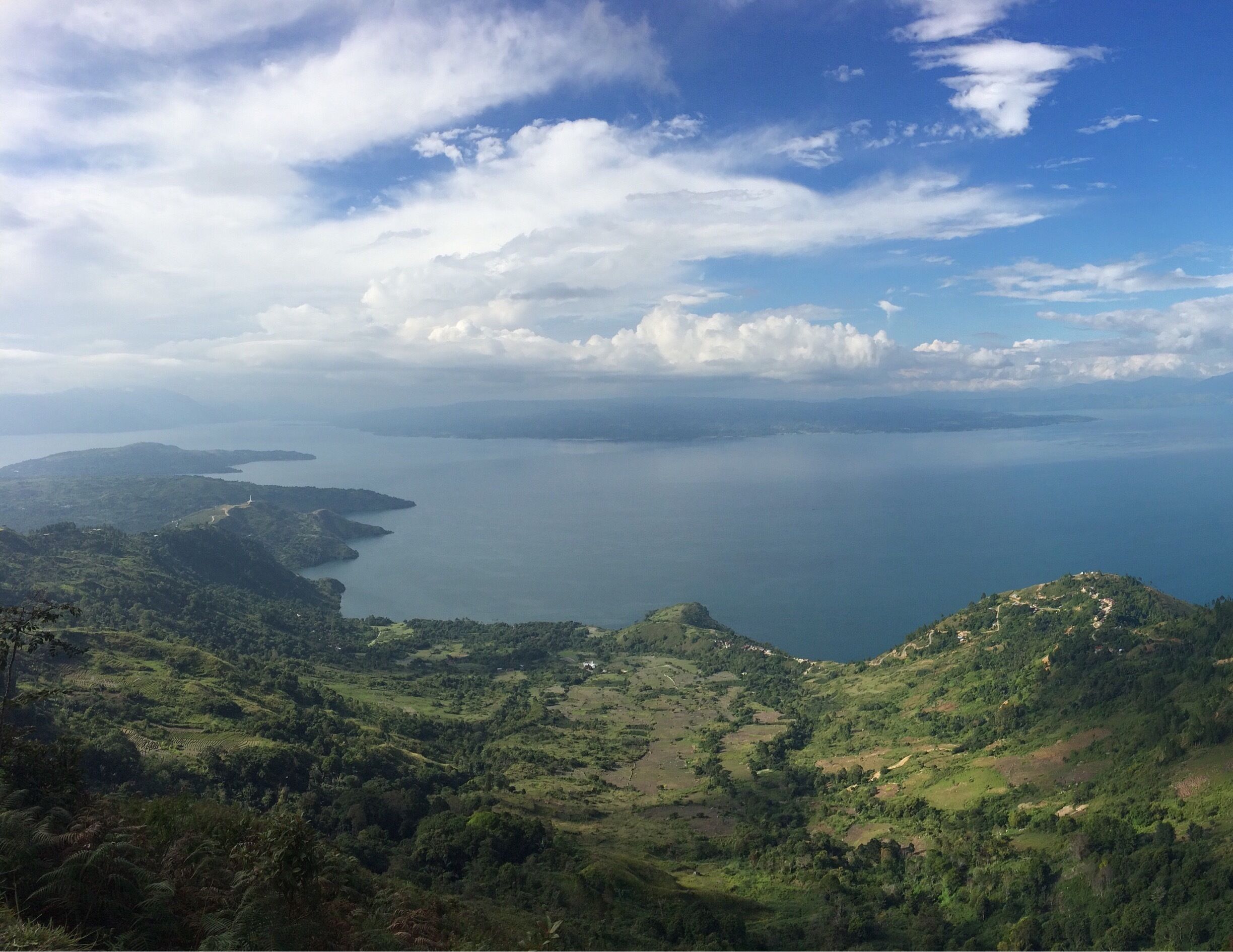 A coastal landscape with rolling hills, a winding road, and a large body of water.