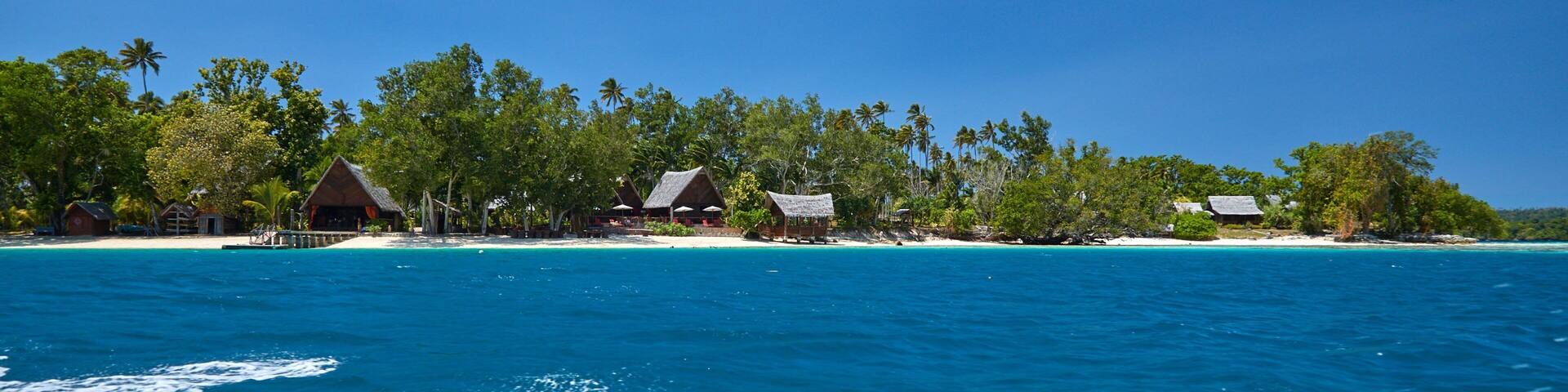 Turquoise waters, a beach, and thatched-roof huts.