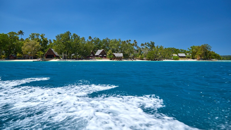 Aguas turquesas, una playa y cabañas de techo de paja.