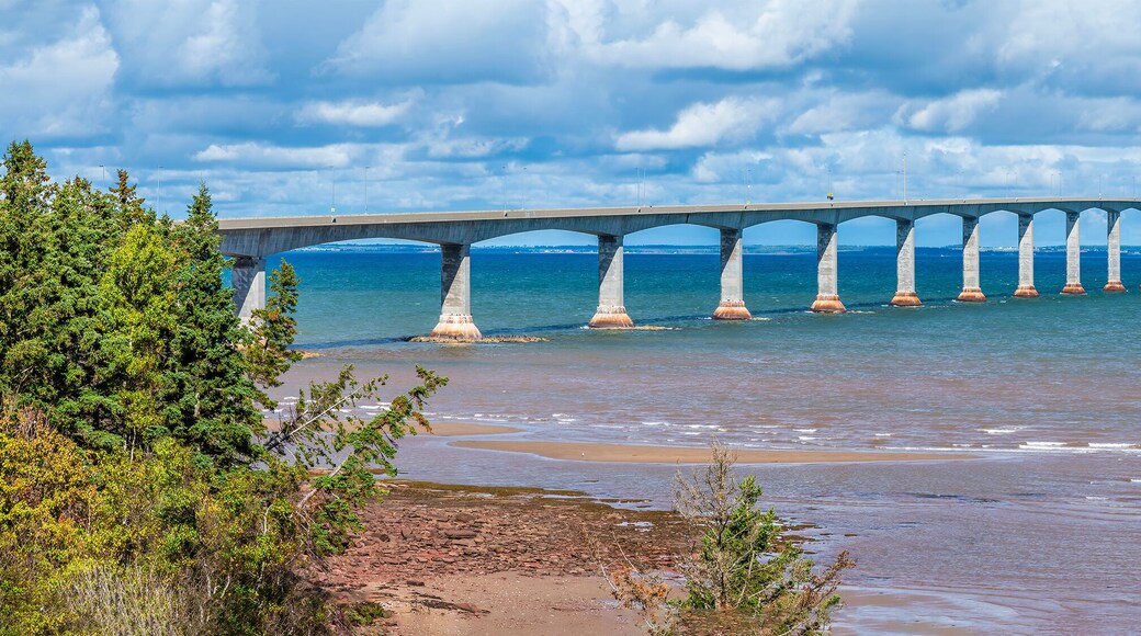 A panorama view along the side of the Confederation bridge, Prince Edward Island, Canada in the fall