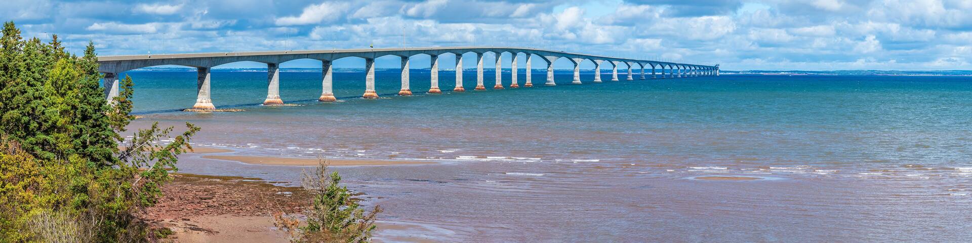 A panorama view along the side of the Confederation bridge, Prince Edward Island, Canada in the fall