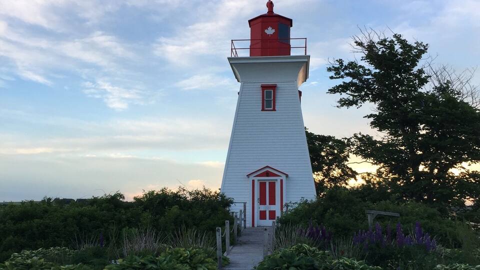 A white and red lighthouse with a red door and a small window, surrounded by lush greenery and a wooden walkway leading to it.