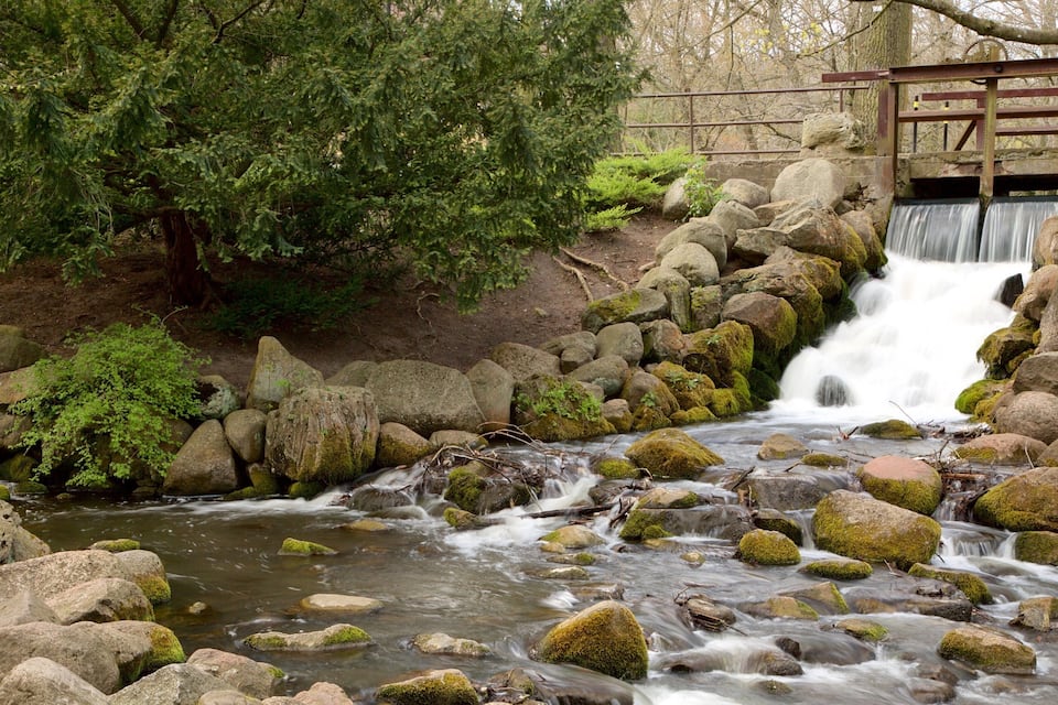 Une cascade d’eau se déversant sur des rochers couverts de mousse, entourée d’un feuillage verdoyant et dense, et un pont en bois.